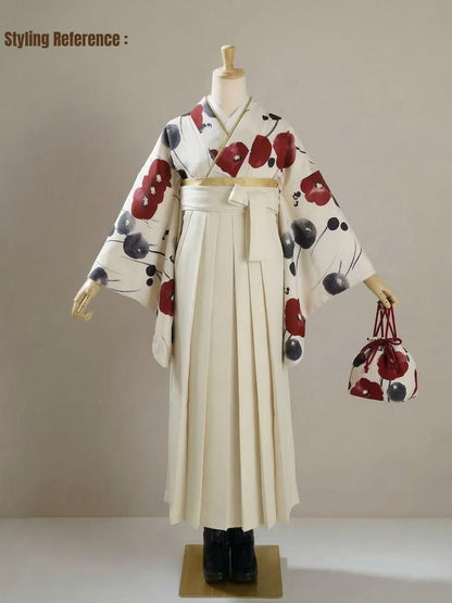 Hakama 3PCS Gift Set, Navy Blue Traditional Hakama Skirt, Koshi Himo, Floral Hair Accessory