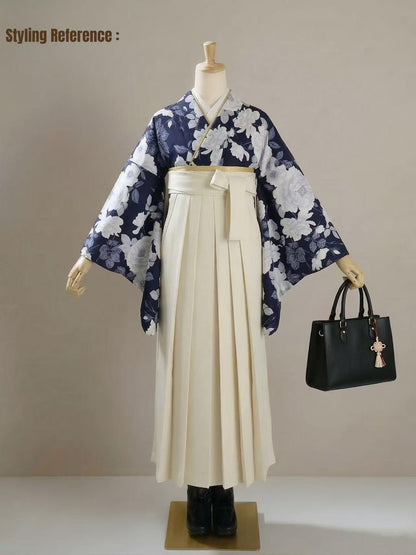 Hakama 3PCS Gift Set, Navy Blue Traditional Hakama Skirt, Koshi Himo, Floral Hair Accessory