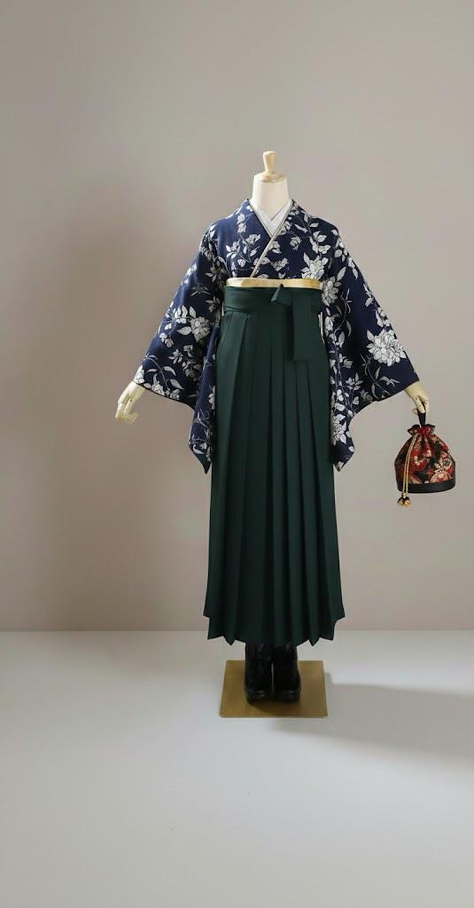 Women Hakama Skirt 3PCS Gift Set: Dark Green Traditional Hakama Skirt, Koshi Himo, Floral Hair Accessory