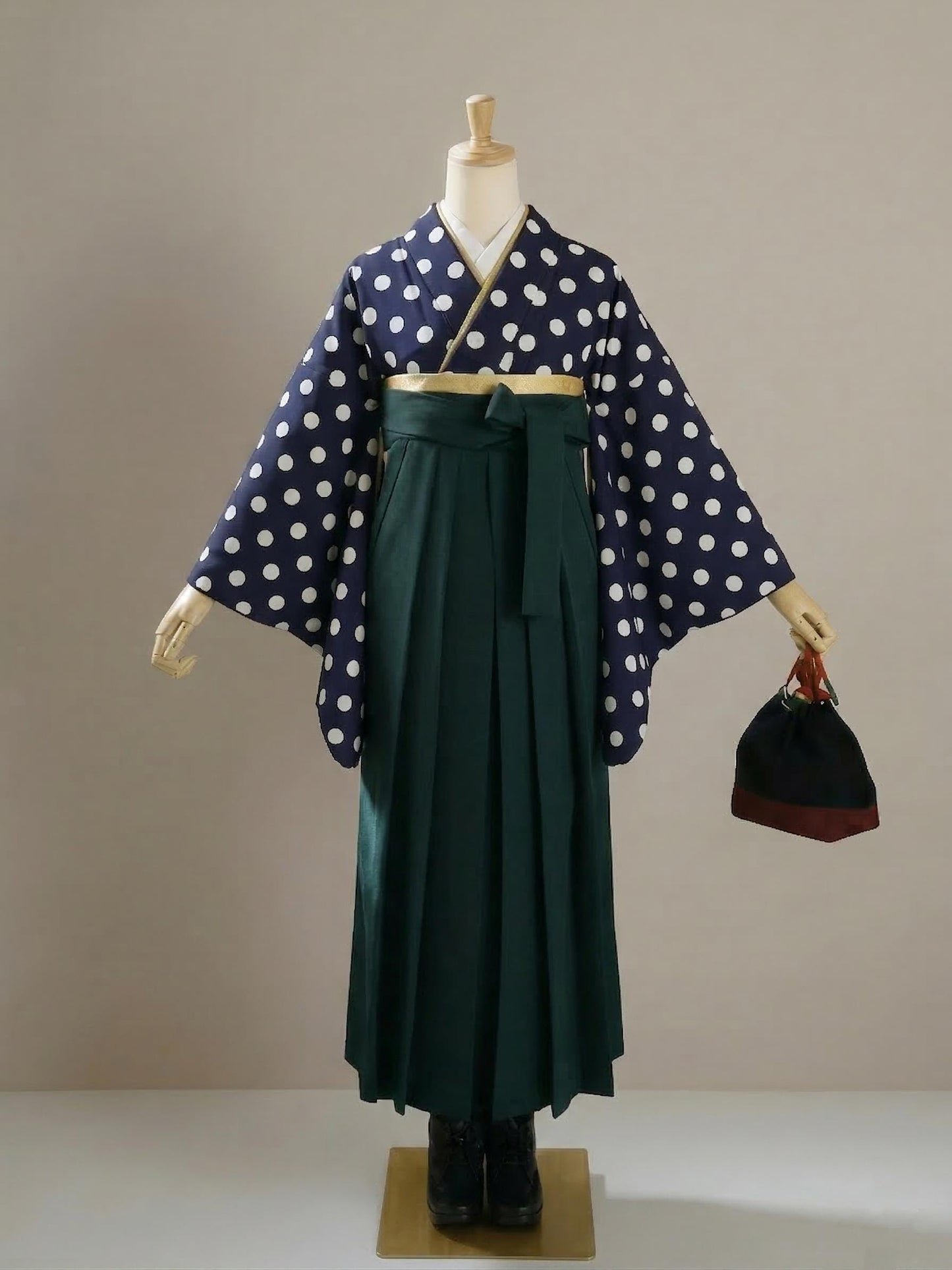 Women Hakama Skirt 3PCS Gift Set: Dark Green Traditional Hakama Skirt, Koshi Himo, Floral Hair Accessory