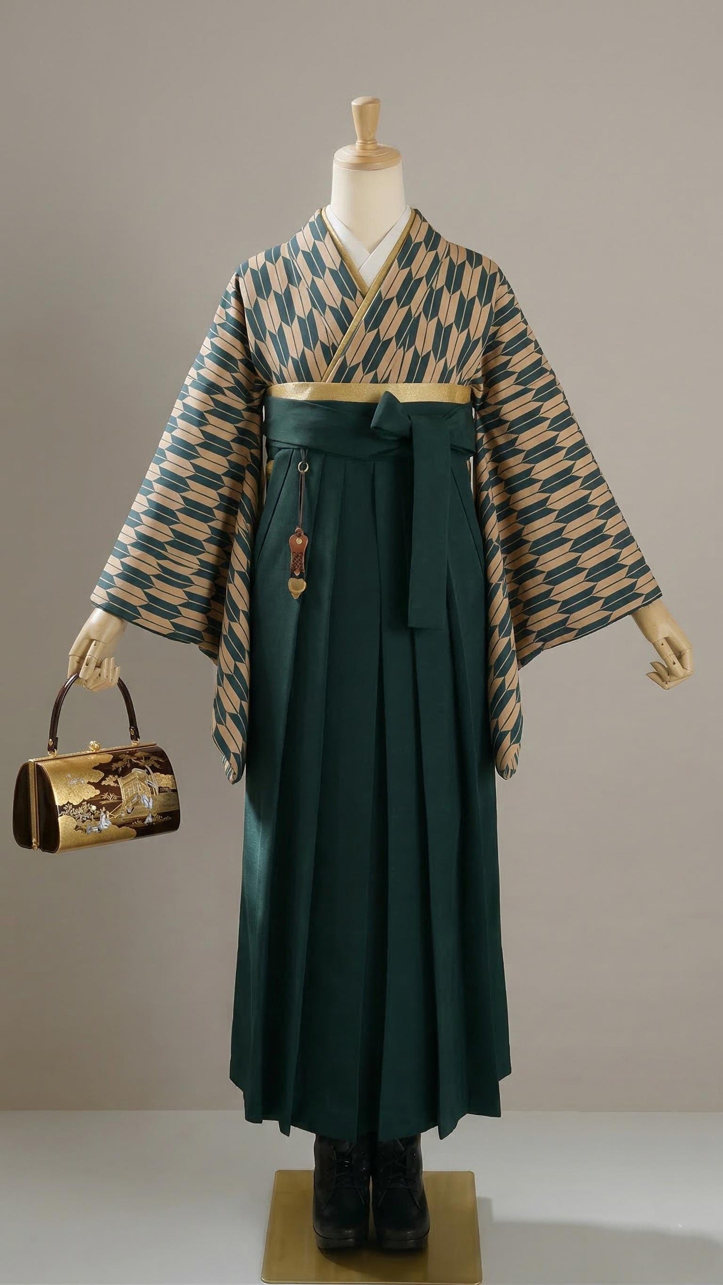 Women Hakama Skirt 3PCS Gift Set: Dark Green Traditional Hakama Skirt, Koshi Himo, Floral Hair Accessory