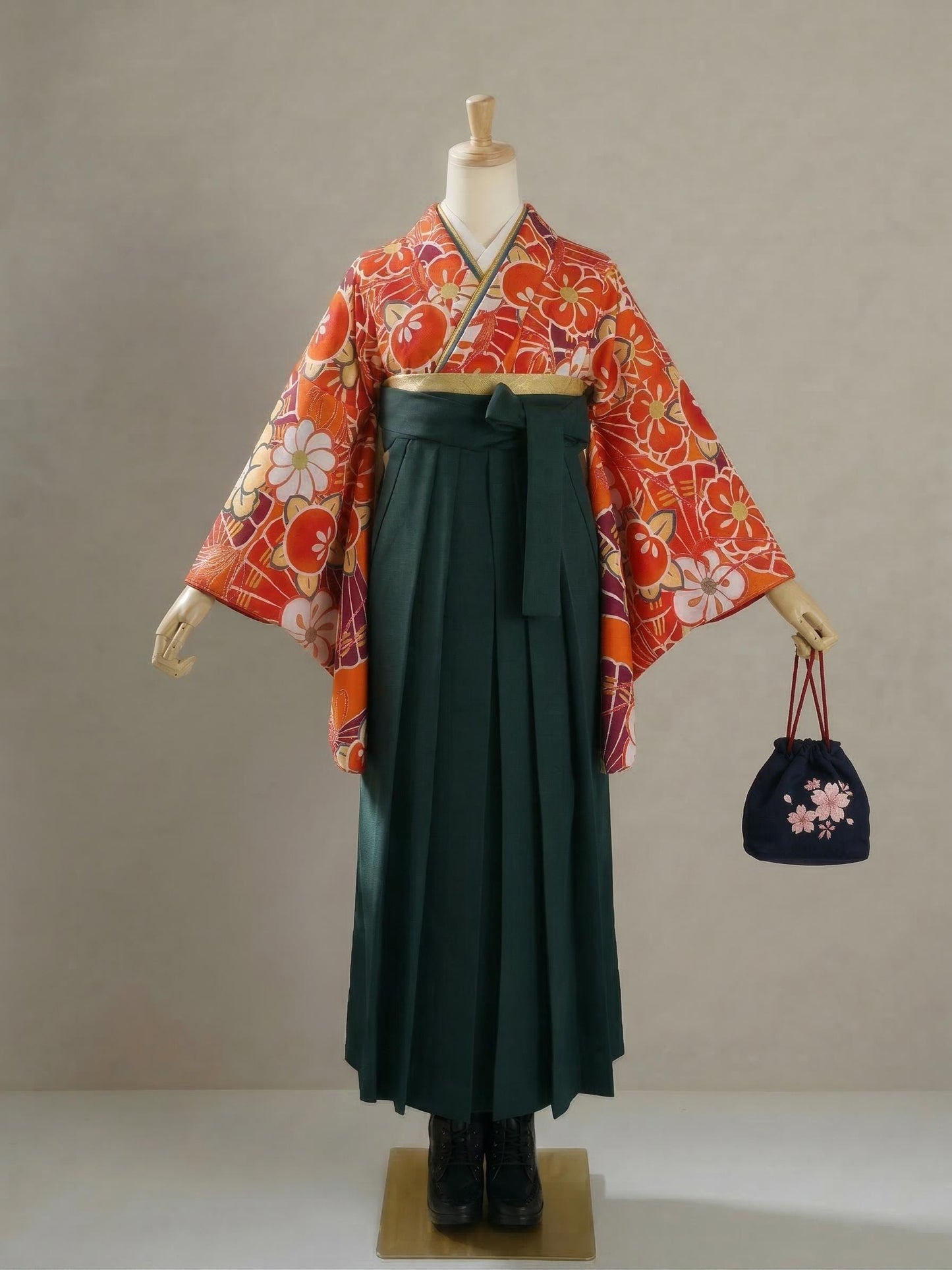 Women Hakama Skirt 3PCS Gift Set: Dark Green Traditional Hakama Skirt, Koshi Himo, Floral Hair Accessory