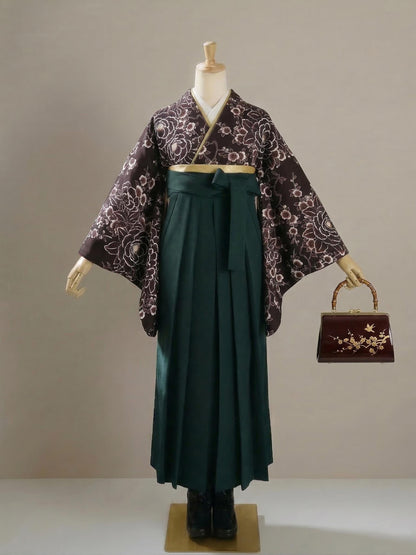 Women Hakama Skirt 3PCS Gift Set: Dark Green Traditional Hakama Skirt, Koshi Himo, Floral Hair Accessory