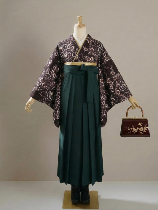 Women Hakama Skirt 3PCS Gift Set: Dark Green Traditional Hakama Skirt, Koshi Himo, Floral Hair Accessory