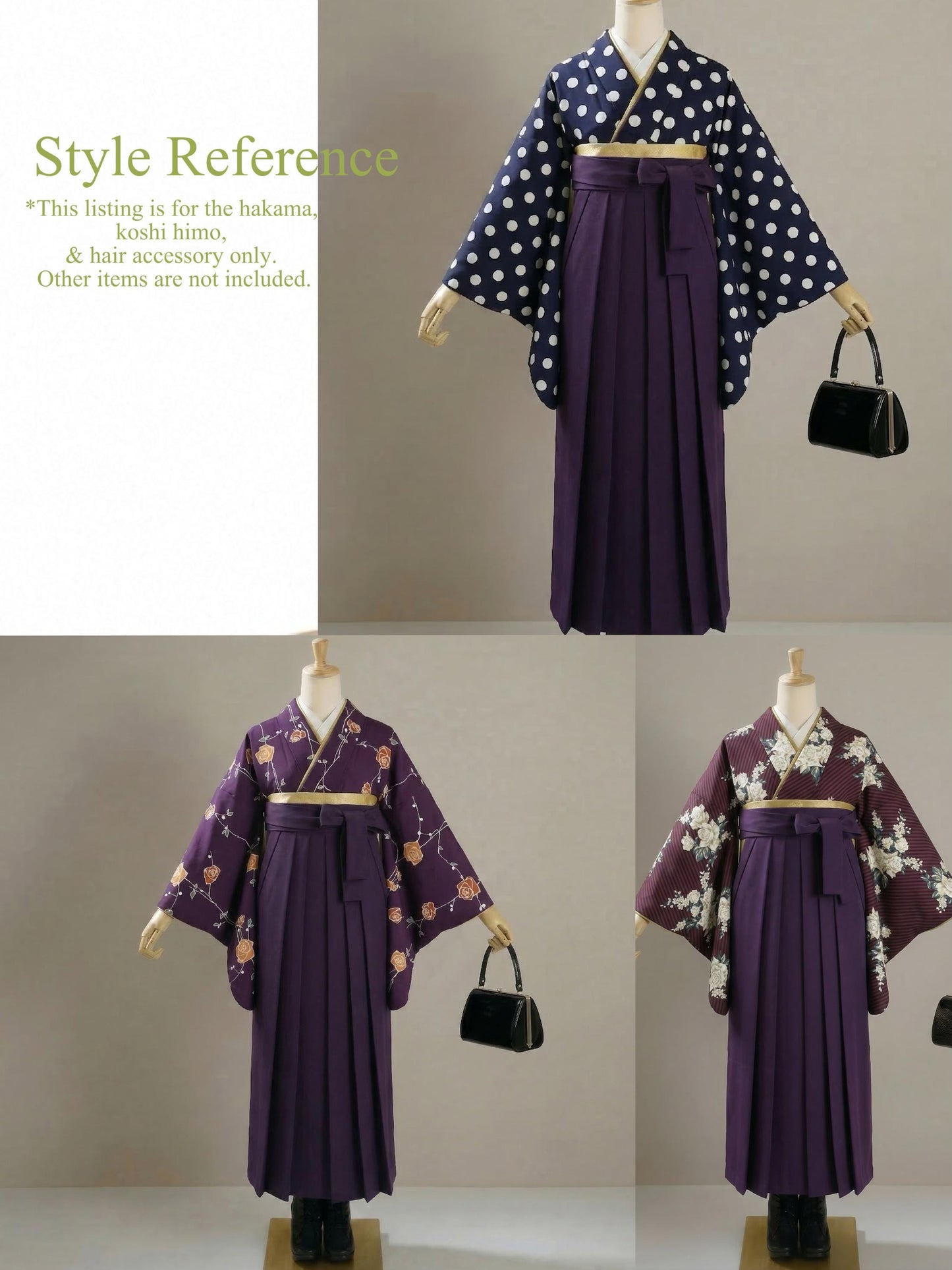 Women Hakama 3PCS Gift Set, Purple Traditional Hakama Skirt, Koshi Himo, Floral Hair Accessory
