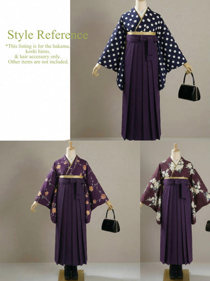 Women Hakama 3PCS Gift Set, Purple Traditional Hakama Skirt, Koshi Himo, Floral Hair Accessory