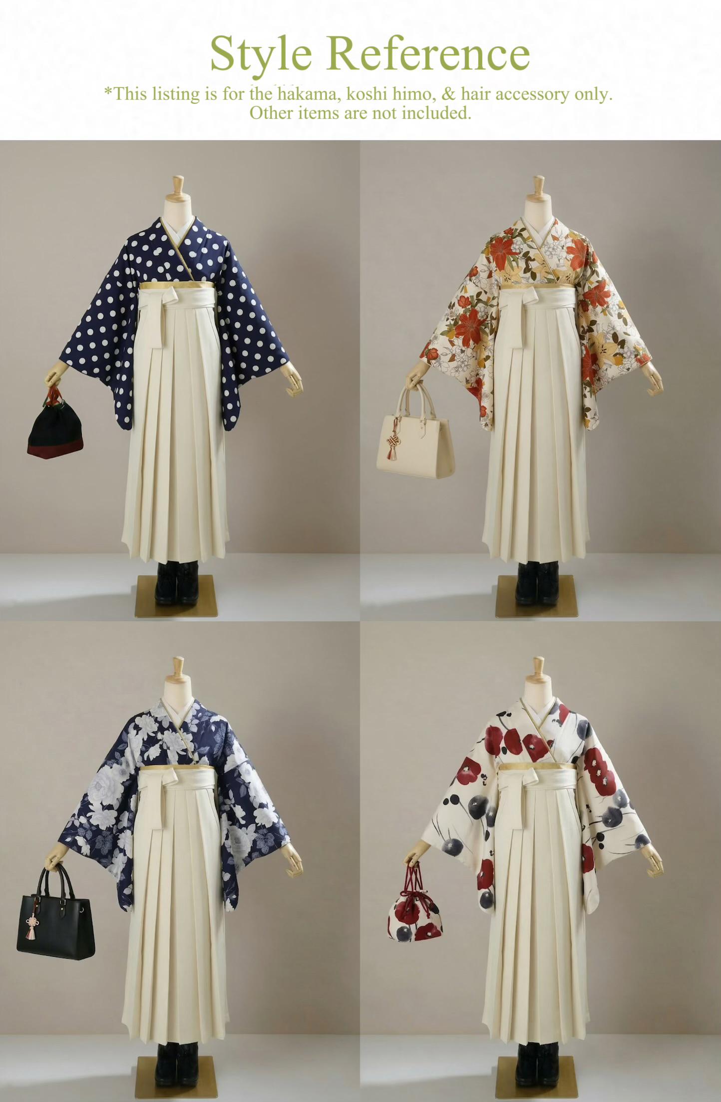 Hakama 3PCS Gift Set, Creamy White Traditional Hakama Skirt with Embrodiery, Koshi Himo, Floral Hair Accessory