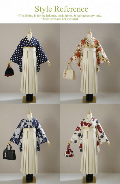 Hakama 3PCS Gift Set, Creamy White Traditional Hakama Skirt with Embrodiery, Koshi Himo, Floral Hair Accessory