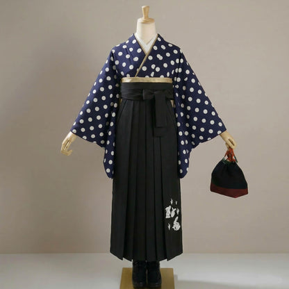 Hakama 3PCS Gift Set, Rabbit Pattern Black Traditional Hakama Skirt, Koshi Himo, Floral Hair Accessory