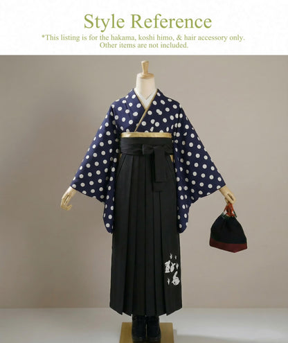 Hakama 3PCS Gift Set, Rabbit Pattern Black Traditional Hakama Skirt, Koshi Himo, Floral Hair Accessory