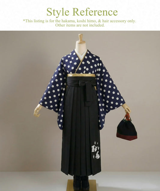 Hakama 3PCS Gift Set, Rabbit Pattern Black Traditional Hakama Skirt, Koshi Himo, Floral Hair Accessory