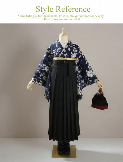 Women Hakama 3PCS Gift Set, Pure Black Traditional Hakama Skirt, Koshi Himo, Floral Hair Accessory