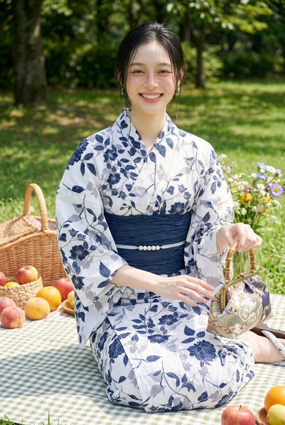 Floral Pattern Cotton Yukata Set, Obi Belt, Obijime & Sandals, Custom Fit Available