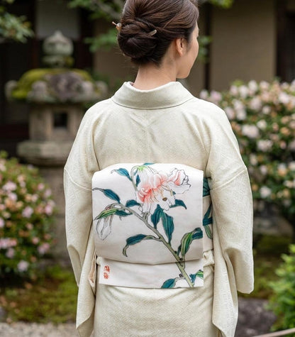 Japanese Floral Pre-Tied Taiko Knot, Easy Wear Nagoya Obi, Flowery Kimono Belt