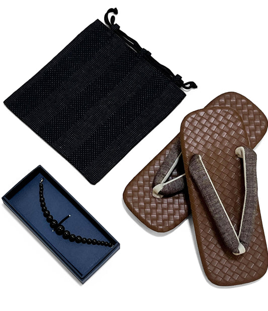 Japanese Caramel Brown Setta Sandals, Haori Himo, Shingen bag: Men's Smart Casual Kimono/Summer Yukata Accessory Gift Set