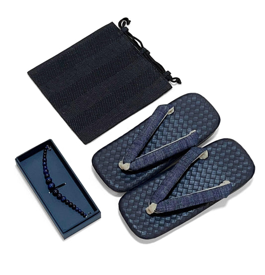 Japanese Demin Blue Setta Sandals, Haori Himo, Shingen bag: Men's Smart Casual Kimono/Summer Yukata Accessory Gift Set
