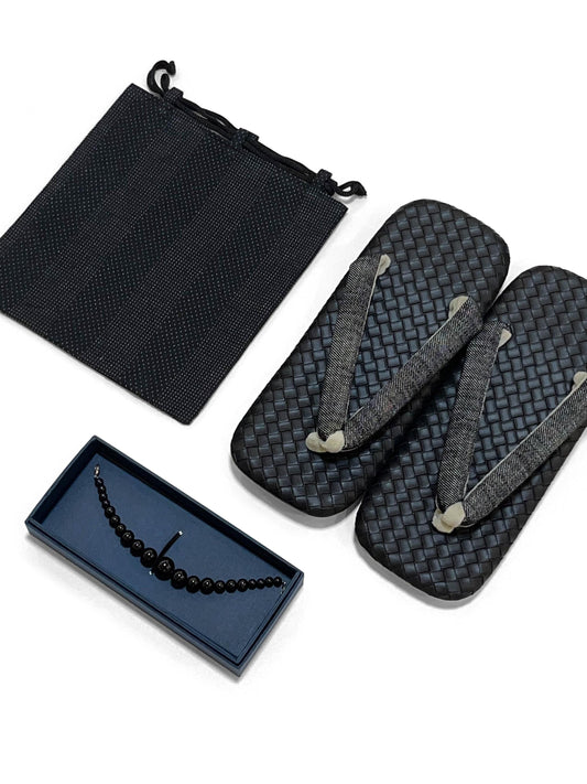 Japanese Black Setta Sandals, Haori Himo, Shingen bag: Men's Smart Casual Kimono/Summer Yukata Accessory Gift Set