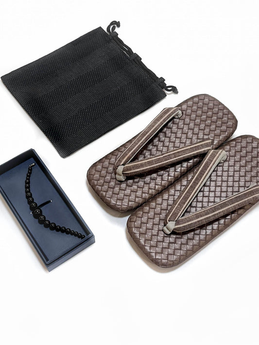 Japanese Setta Sandals (Cool Greyish Brown), Haori Himo, Shingen bag: Men's Smart Casual Kimono/Yukata Accessory Gift Set