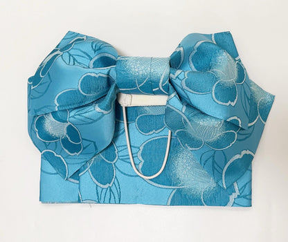 Floral Pre-Tied Obi Belt 3PCS Gift Set, Butterfly Knot Obi in Blue, Objime, & Obita