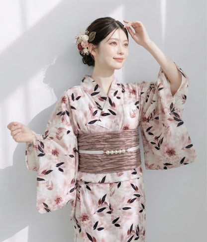 Japanese Floral Yukata Set with Easy Wearing Obi Belt, Obijime & Sandals, Custom Fit Available