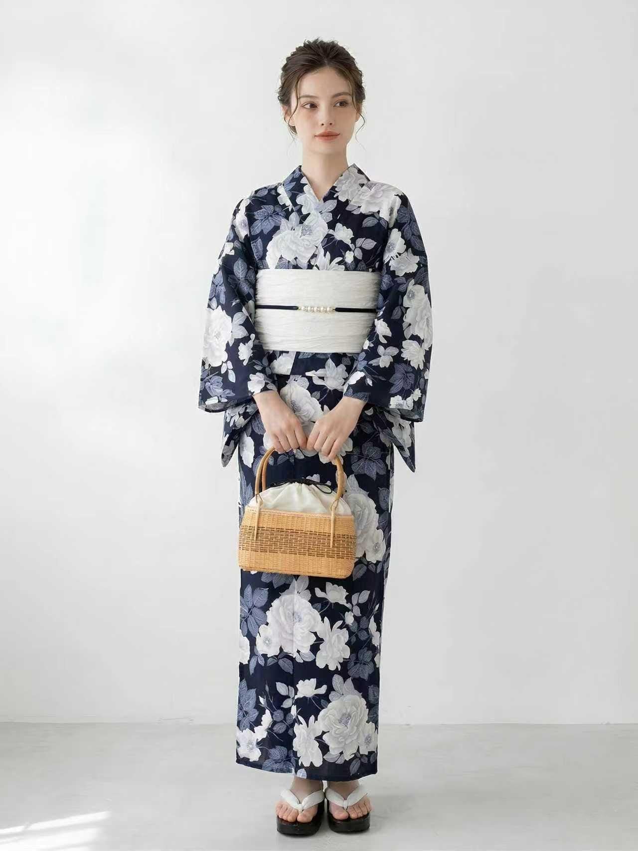 Floral Cotton Yukata Set, Obi Belt, Obijime & Sandals, Custom Fit Available