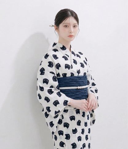 Japanese Yukata Cat Pattern with Easy Wear Obi Belt, Obijime & Sandals, Custom Fit Available
