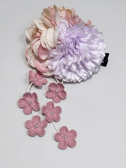 Hakama 3PCS Gift Set, Navy Blue Traditional Hakama Skirt, Koshi Himo, Floral Hair Accessory