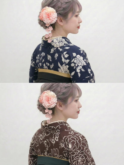 Hakama 3PCS Gift Set, Navy Blue Traditional Hakama Skirt, Koshi Himo, Floral Hair Accessory