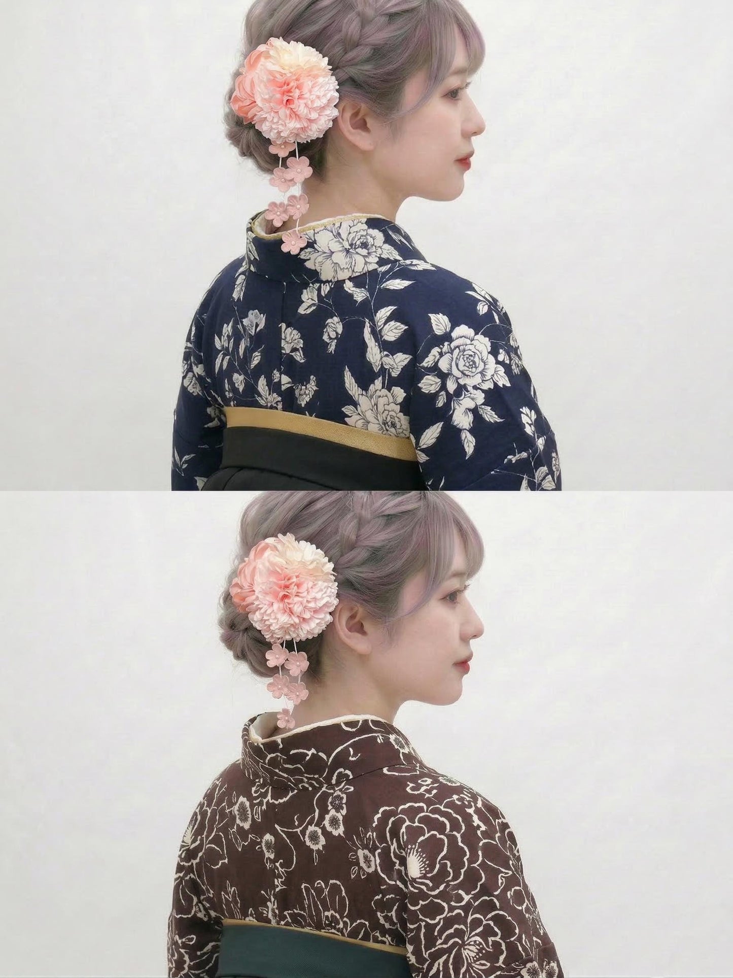 Hakama 3PCS Gift Set, Navy Blue Traditional Hakama Skirt, Koshi Himo, Floral Hair Accessory