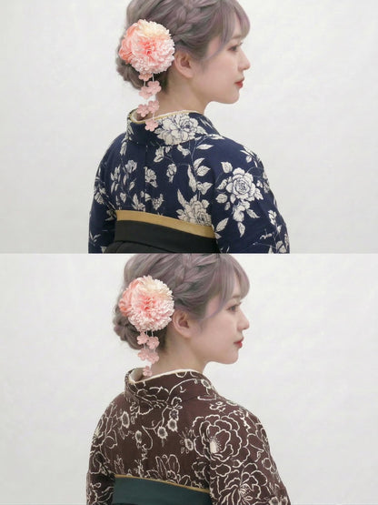 Hakama 3PCS Gift Set, Navy Blue Traditional Hakama Skirt, Koshi Himo, Floral Hair Accessory