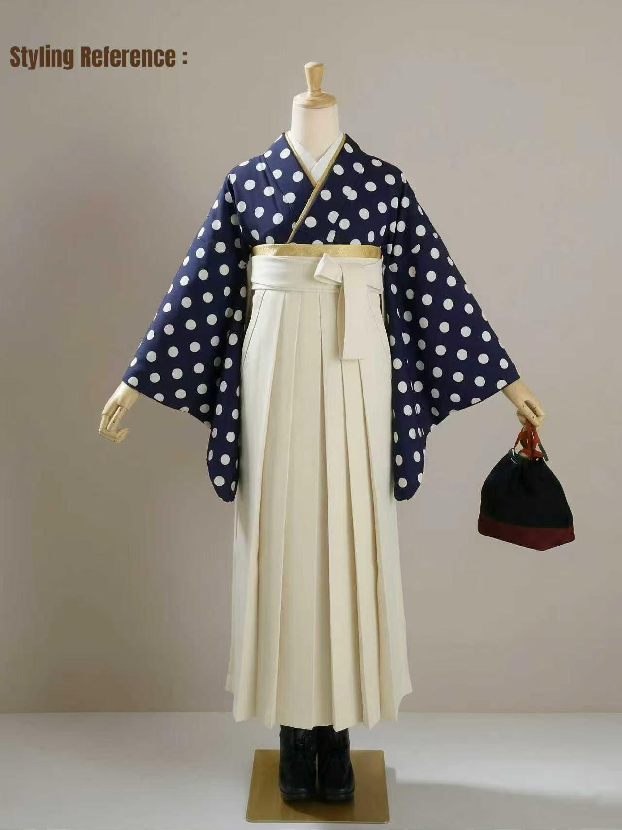 Hakama 3PCS Gift Set, Navy Blue Traditional Hakama Skirt, Koshi Himo, Floral Hair Accessory