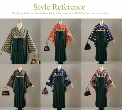Women Hakama Skirt 3PCS Gift Set: Dark Green Traditional Hakama Skirt, Koshi Himo, Floral Hair Accessory