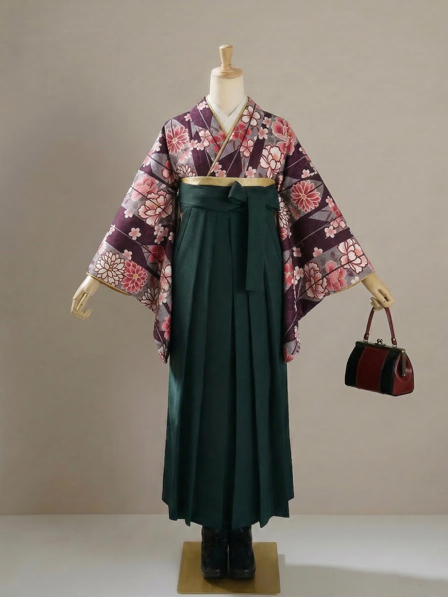Women Hakama Skirt 3PCS Gift Set: Dark Green Traditional Hakama Skirt, Koshi Himo, Floral Hair Accessory