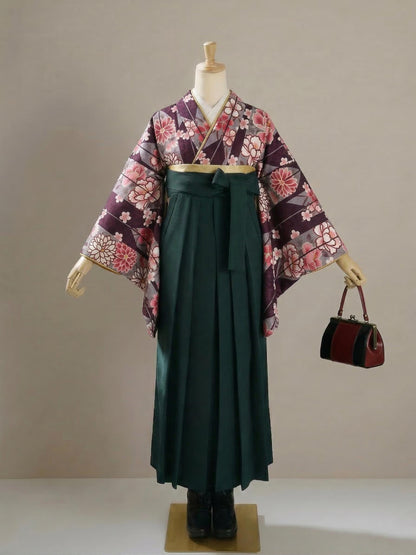 Women Hakama Skirt 3PCS Gift Set: Dark Green Traditional Hakama Skirt, Koshi Himo, Floral Hair Accessory