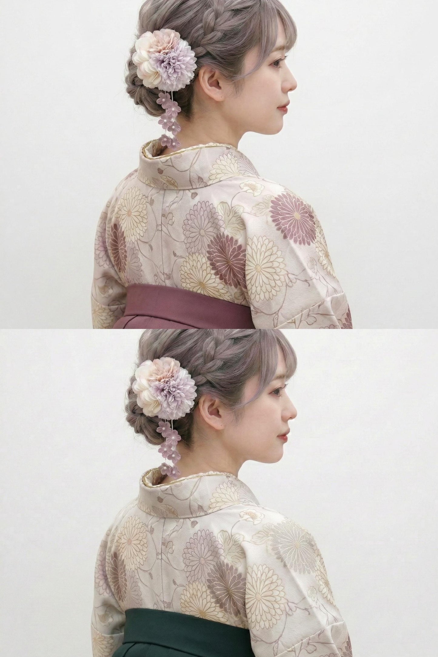 Women Hakama Skirt 3PCS Gift Set: Dark Green Traditional Hakama Skirt, Koshi Himo, Floral Hair Accessory
