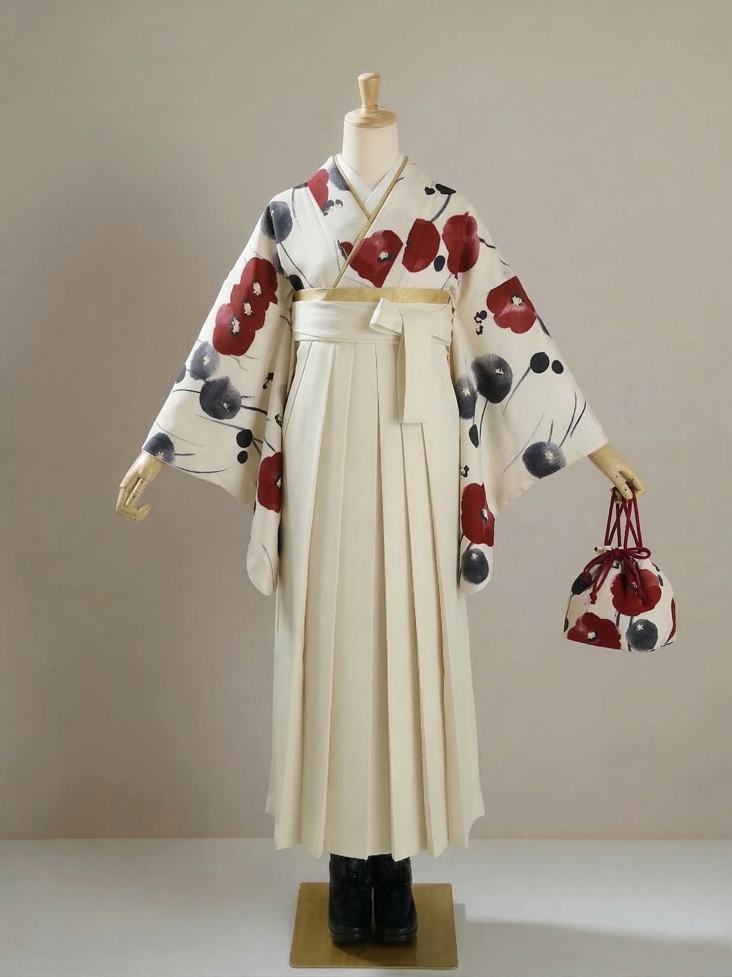 Hakama 3PCS Gift Set, Creamy White Traditional Hakama Skirt with Embrodiery, Koshi Himo, Floral Hair Accessory