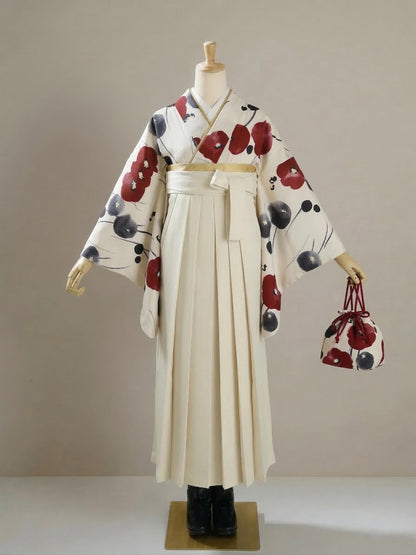 Hakama 3PCS Gift Set, Creamy White Traditional Hakama Skirt with Embrodiery, Koshi Himo, Floral Hair Accessory