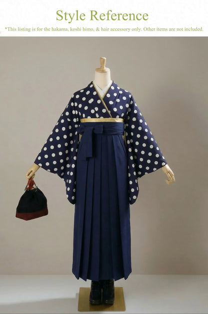 Hakama 3PCS Gift Set, Navy Blue Traditional Hakama Skirt, Koshi Himo, Floral Hair Accessory