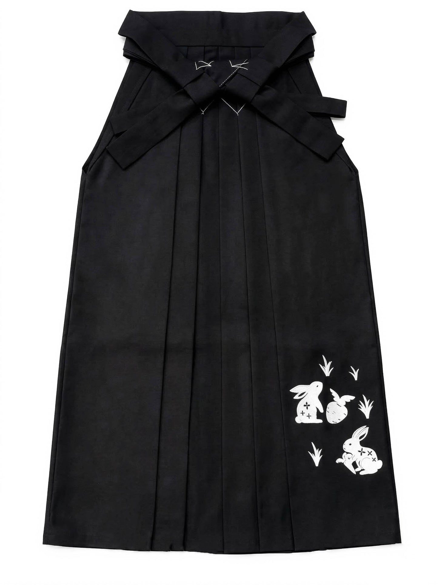 Hakama 3PCS Gift Set, Rabbit Pattern Black Traditional Hakama Skirt, Koshi Himo, Floral Hair Accessory