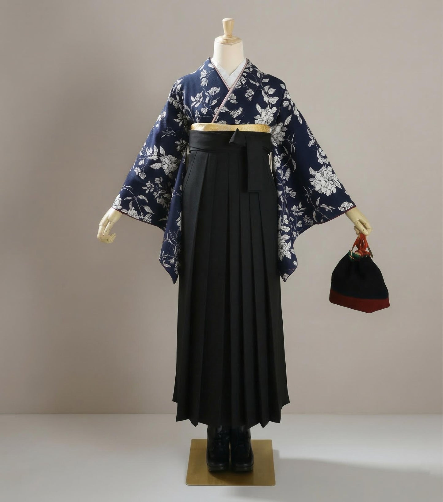 Women Hakama 3PCS Gift Set, Pure Black Traditional Hakama Skirt, Koshi Himo, Floral Hair Accessory