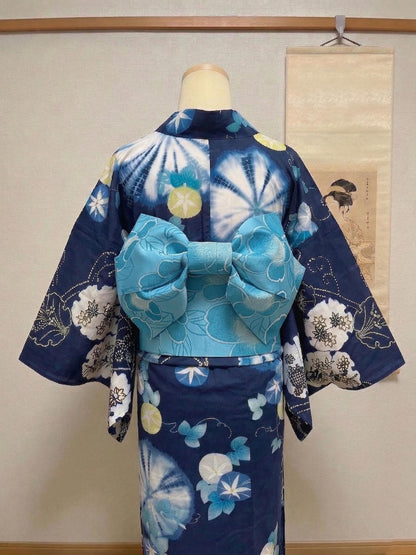 Floral Pre-Tied Obi Belt 3PCS Gift Set, Butterfly Knot Obi in Blue, Objime, & Obita