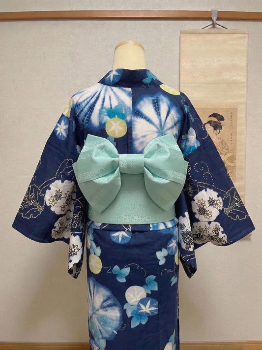 Floral Pre-Tied Obi Belt (Light Green) 3PCS Gift Set, Butterfly Knot Obi, Objime, & Obita