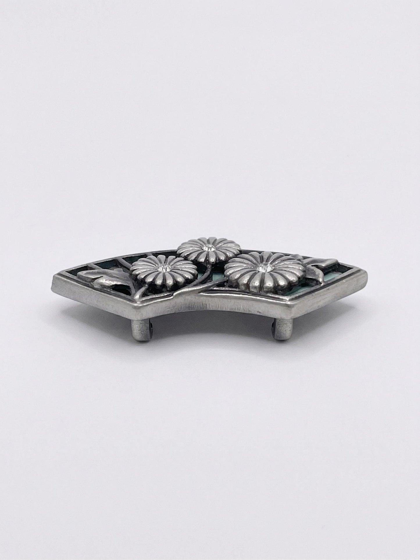 Vintage Japanese Obidome / Silver Folding Fan with Mint Base and Chrysanthemum - Kimono Obi Clip & Aceessory/ No.3412