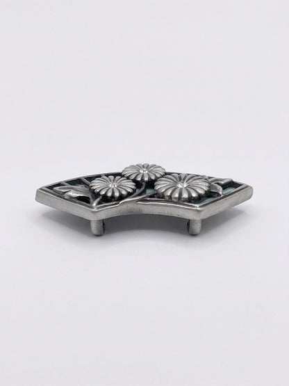 Vintage Japanese Obidome / Silver Folding Fan with Mint Base and Chrysanthemum - Kimono Obi Clip & Aceessory/ No.3412