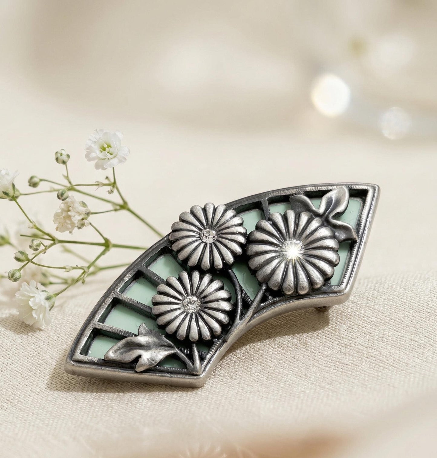 Vintage Japanese Obidome / Silver Folding Fan with Mint Base and Chrysanthemum - Kimono Obi Clip & Aceessory/ No.3412