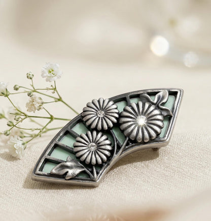 Vintage Japanese Obidome / Silver Folding Fan with Mint Base and Chrysanthemum - Kimono Obi Clip & Aceessory/ No.3412