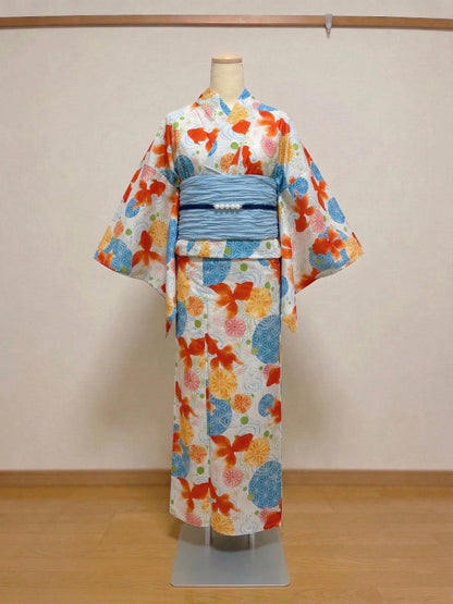 Japanese Goldfish Yukata Set with Heko Obi (Optional), Women Yukata Kimono, Custom Fit Available