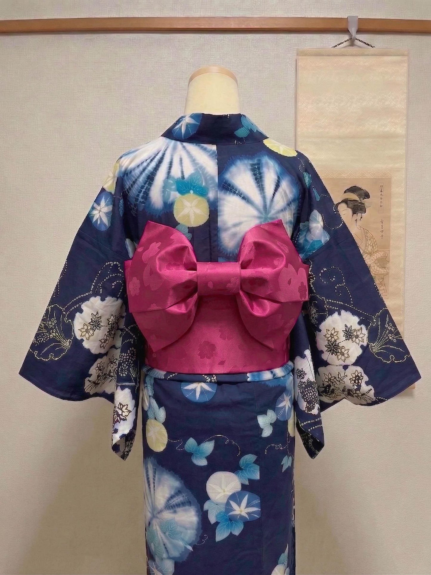 Pre-Tied Obi Belt Gift Set, Magenta Floral Pattern Butterfly Knot Obi, Objime & Obita Board