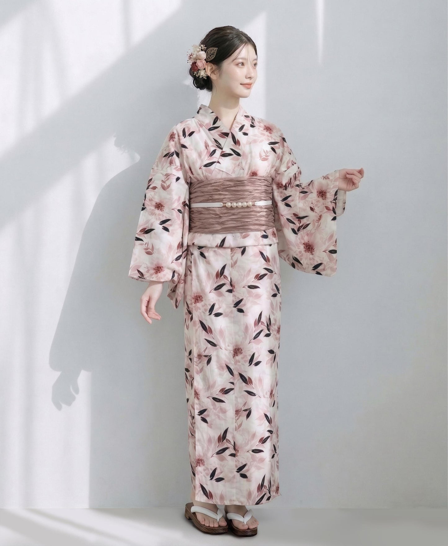 Japanese Floral Yukata Set with Easy Wearing Obi Belt, Obijime & Sandals, Custom Fit Available