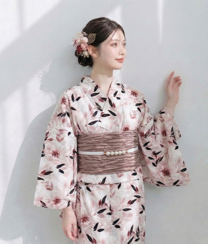Japanese Floral Yukata Set with Easy Wearing Obi Belt, Obijime & Sandals, Custom Fit Available